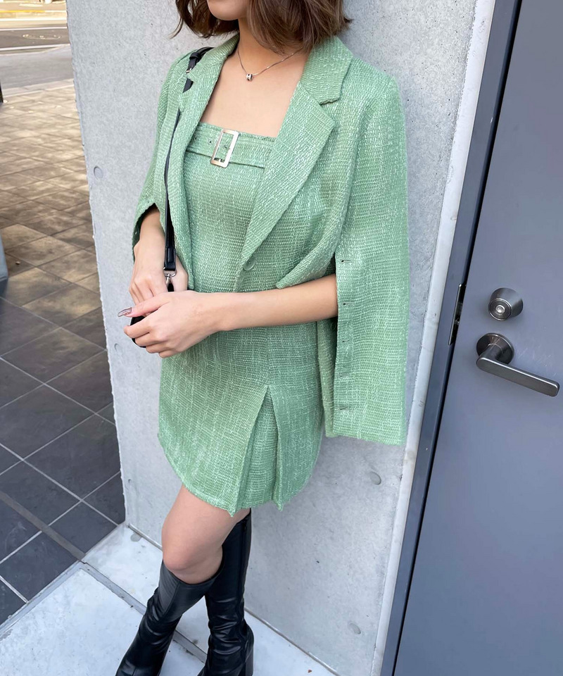 サマーツィードベルトデザインキャミワンピース 詳細画像 グリーン 2