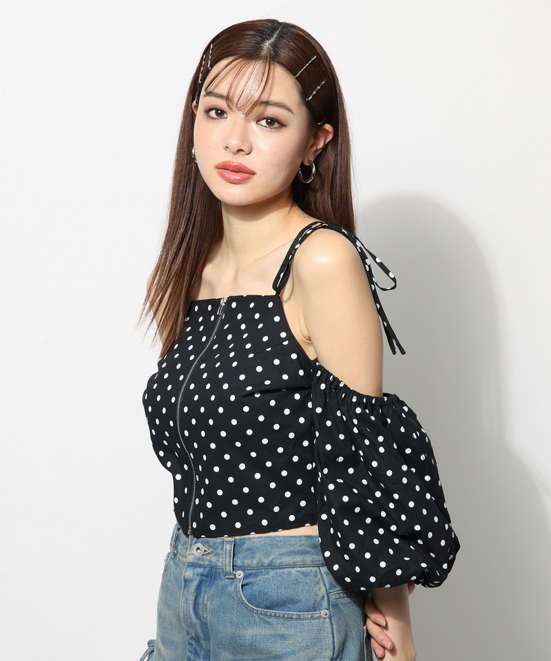 オープンショルダーフロントZIPブラウス 詳細画像 ドット 6