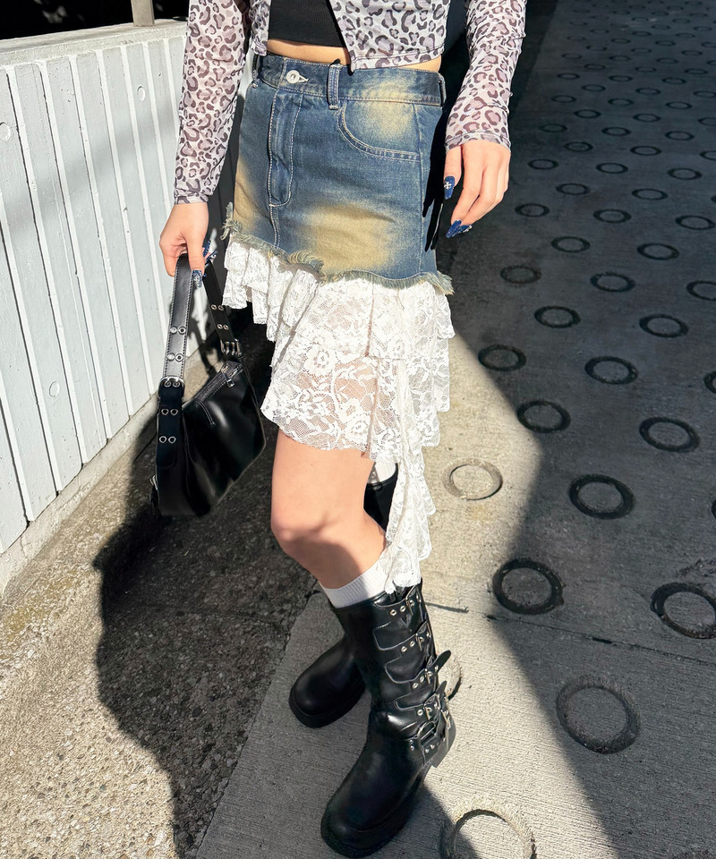 レースドッキングデニムスカート 詳細画像 デニムブルー 3