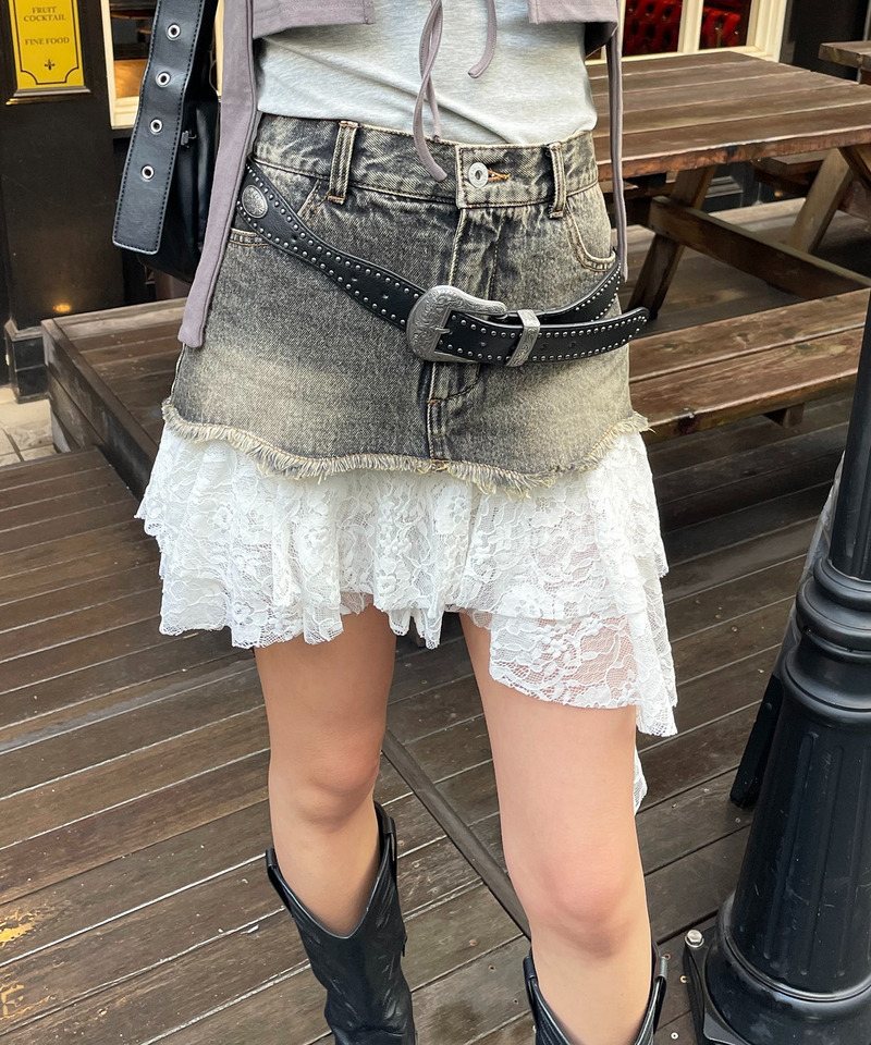 レースドッキングデニムスカート 詳細画像 ブラックデニム 1