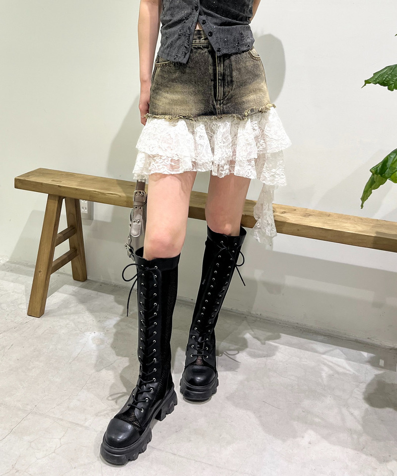 レースドッキングデニムスカート 詳細画像 ブラックデニム 11