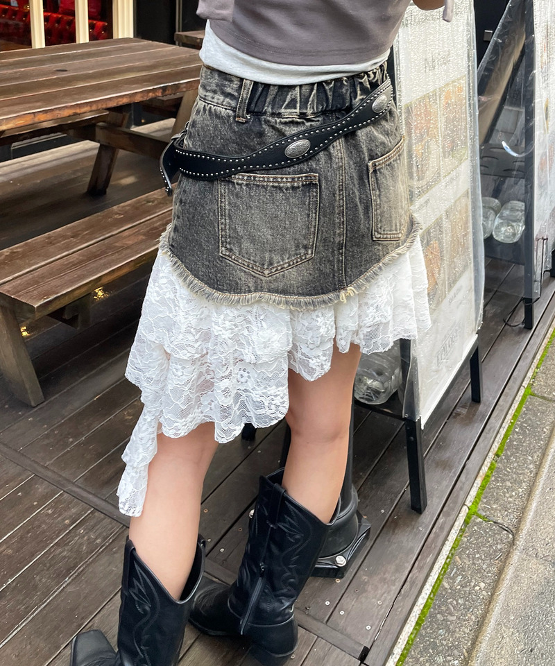 レースドッキングデニムスカート 詳細画像 ブラックデニム 4