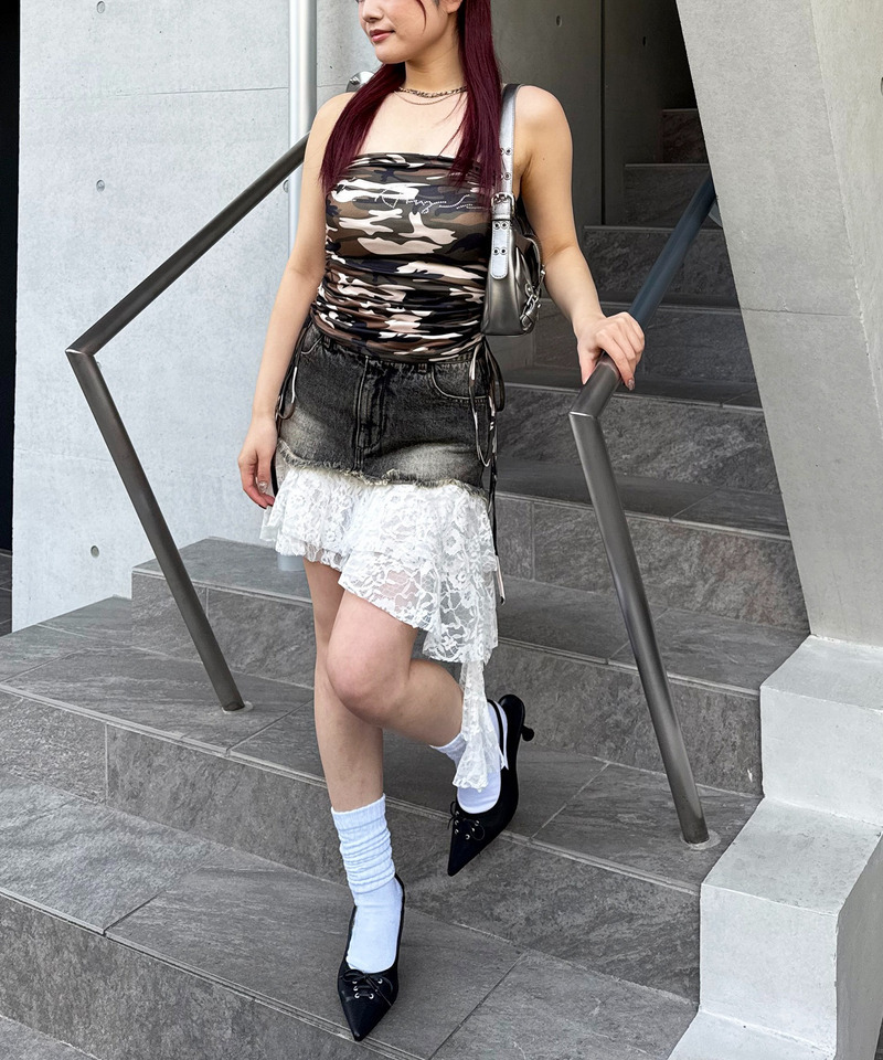 レースドッキングデニムスカート 詳細画像 ブラックデニム 5