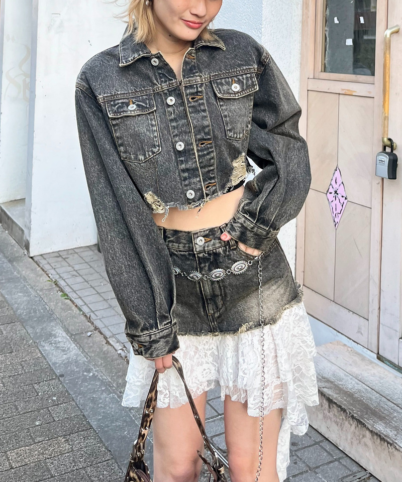 レースドッキングデニムスカート 詳細画像 ブラックデニム 6