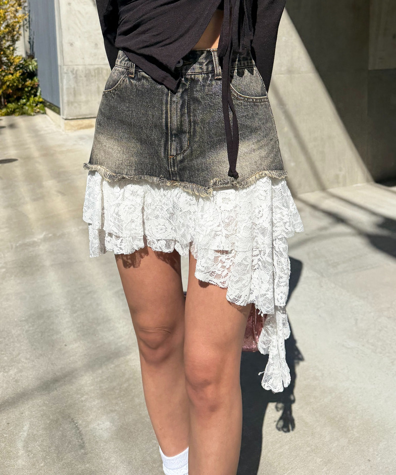 レースドッキングデニムスカート 詳細画像 ブラックデニム 8