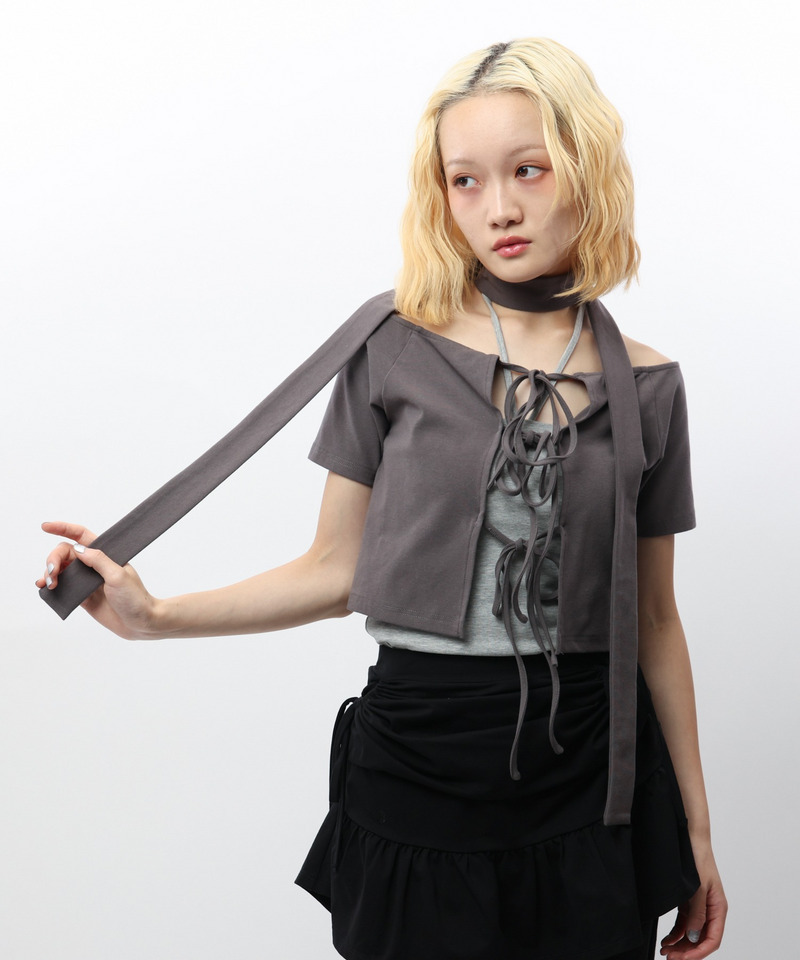 ストール付きレースアップトップス 詳細画像 グレー 3