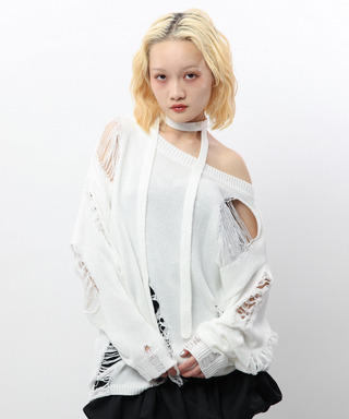 スカーフ付きダメージオーバーニット