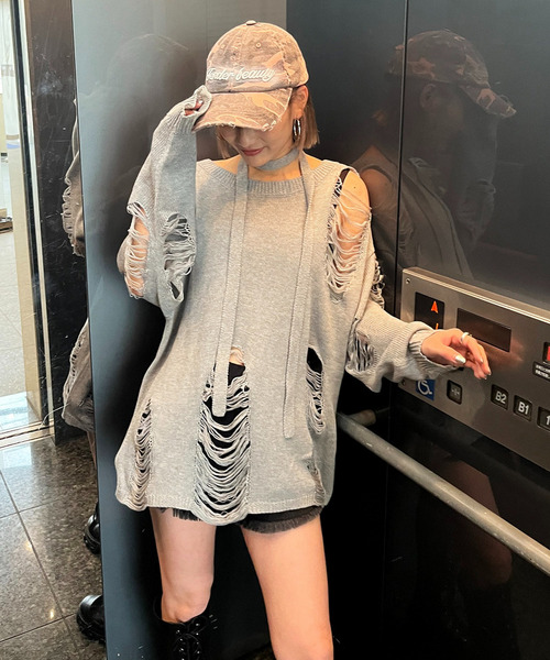 スカーフ付きダメージオーバーニット 詳細画像