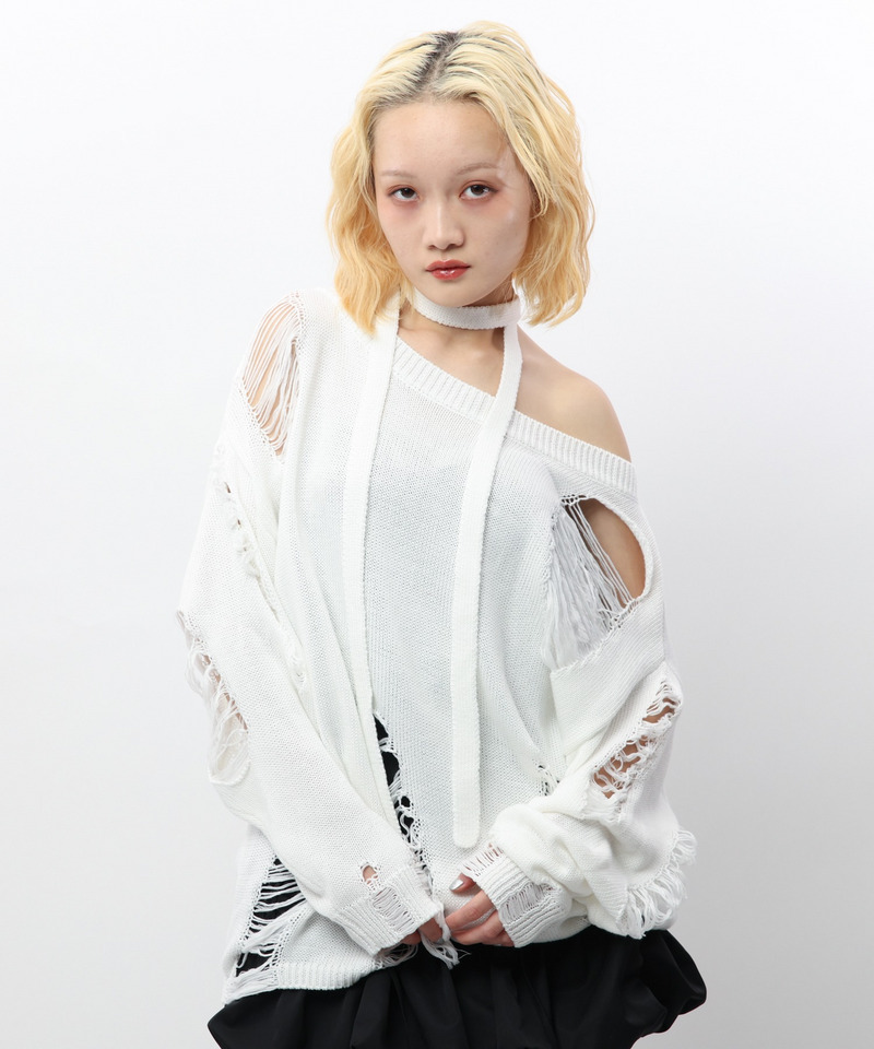 スカーフ付きダメージオーバーニット 詳細画像 ホワイト 1