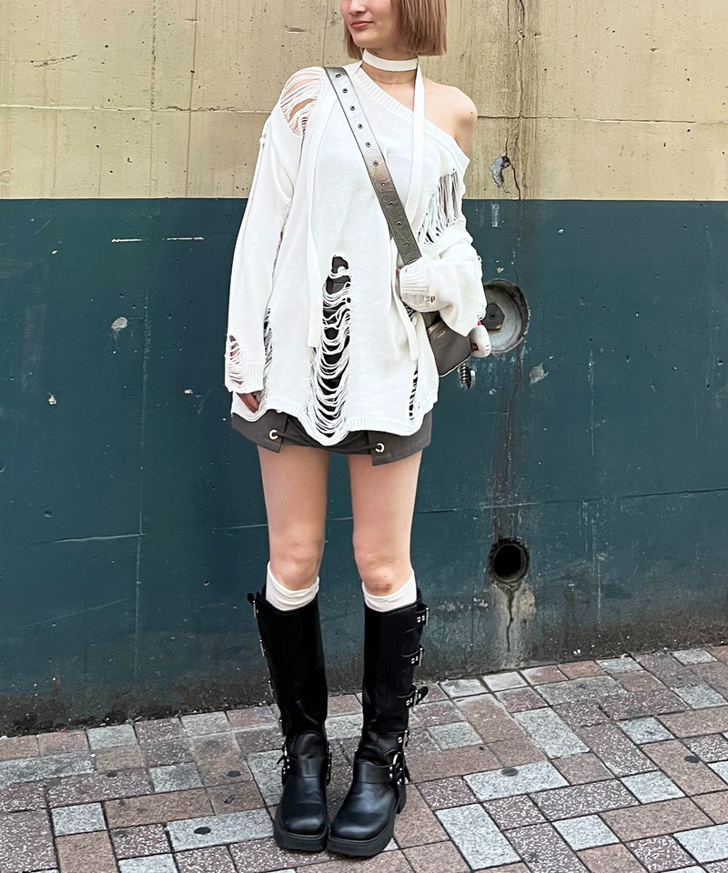 スカーフ付きダメージオーバーニット 詳細画像 ホワイト 2