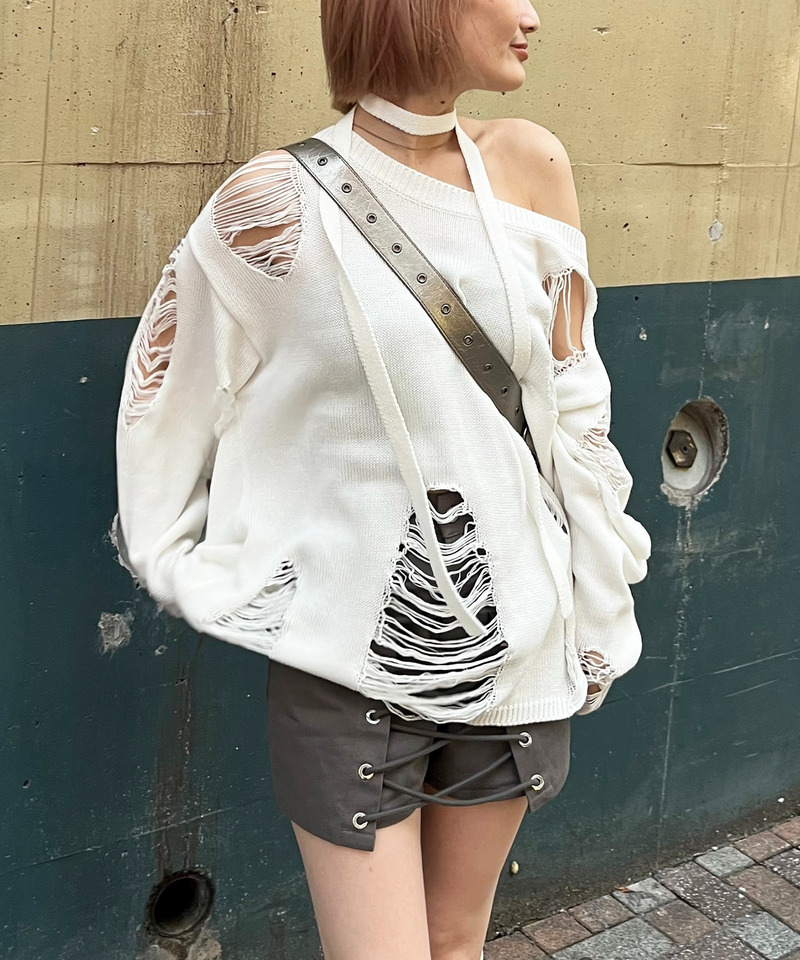 スカーフ付きダメージオーバーニット 詳細画像 ホワイト 3