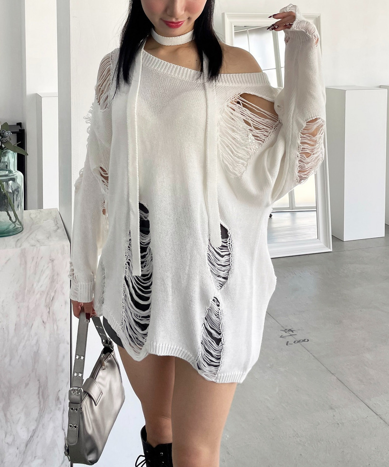 スカーフ付きダメージオーバーニット 詳細画像 ホワイト 9