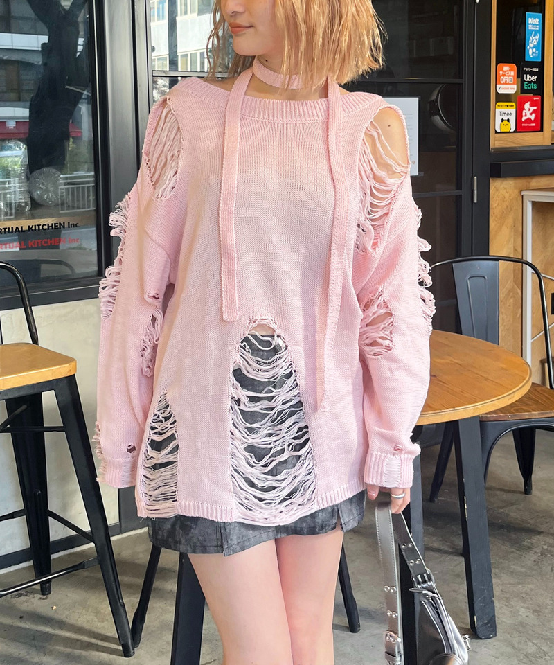 スカーフ付きダメージオーバーニット 詳細画像 ピンク 1