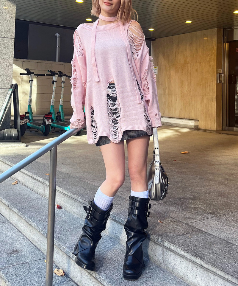 スカーフ付きダメージオーバーニット 詳細画像 ピンク 2