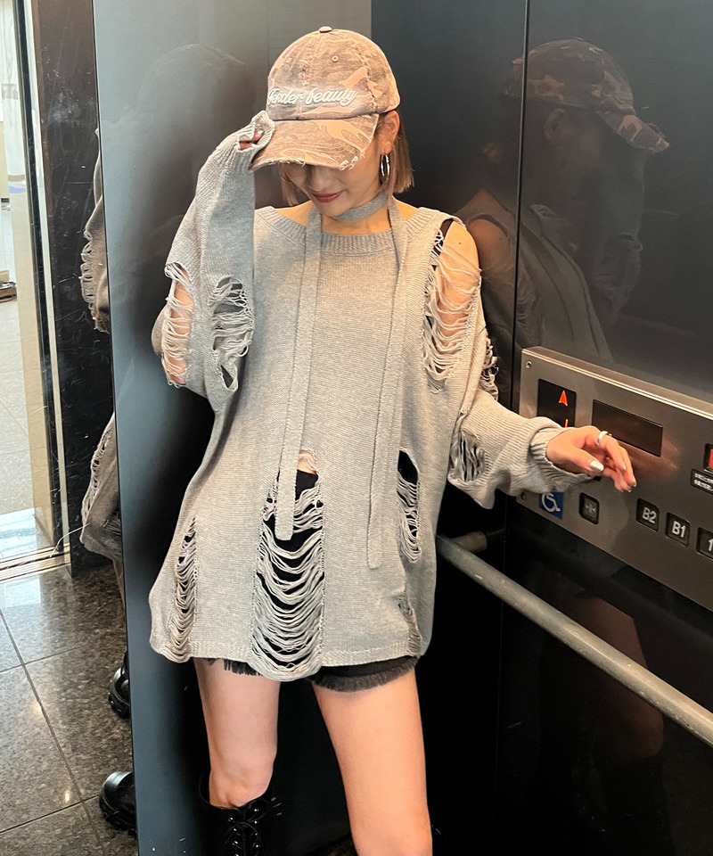 スカーフ付きダメージオーバーニット 詳細画像 グレー 1