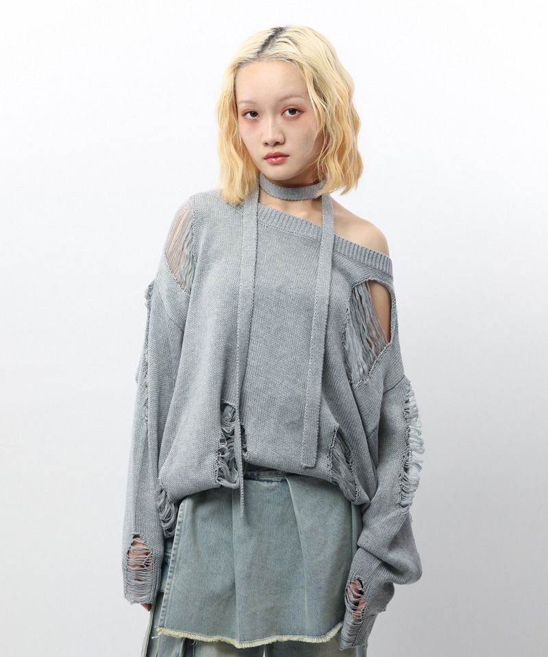 スカーフ付きダメージオーバーニット 詳細画像 グレー 11