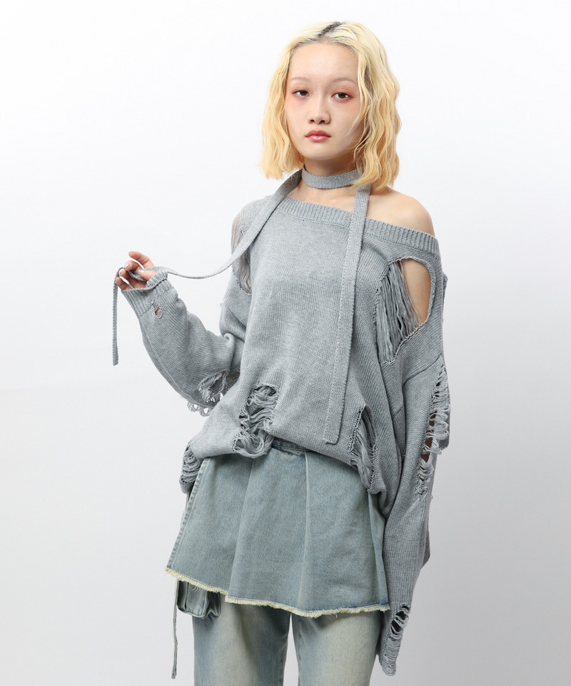 スカーフ付きダメージオーバーニット 詳細画像 グレー 12