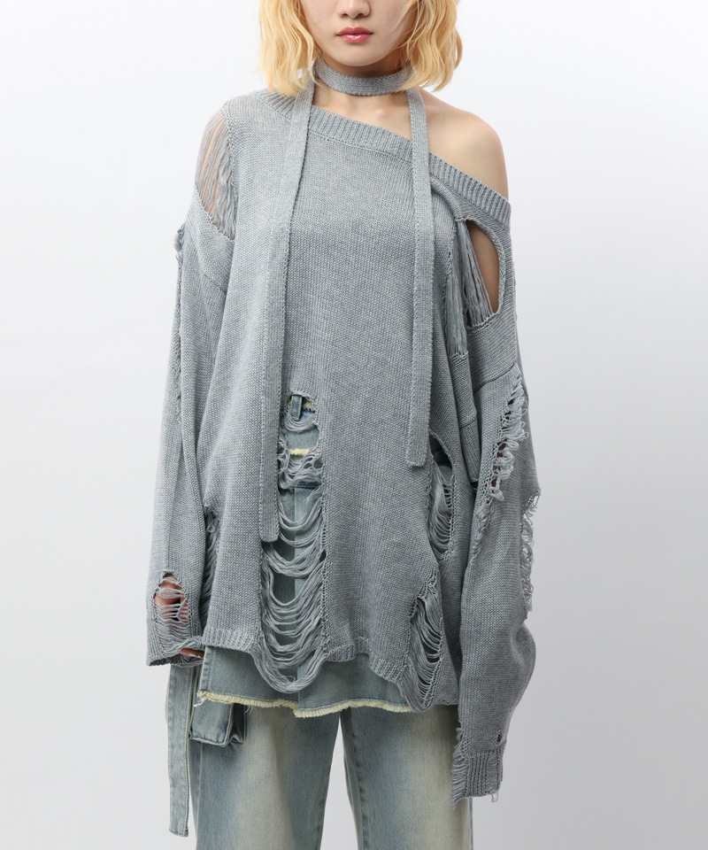 スカーフ付きダメージオーバーニット 詳細画像 グレー 13
