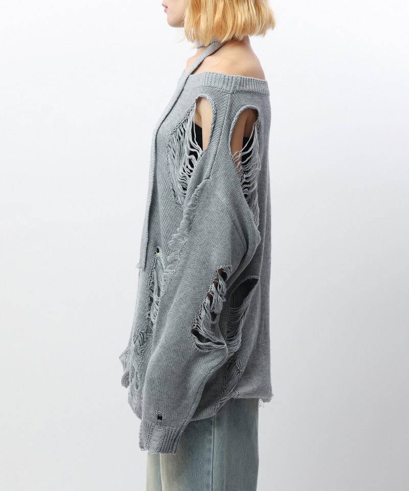 スカーフ付きダメージオーバーニット 詳細画像 グレー 14