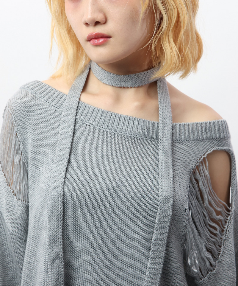 スカーフ付きダメージオーバーニット 詳細画像 グレー 16