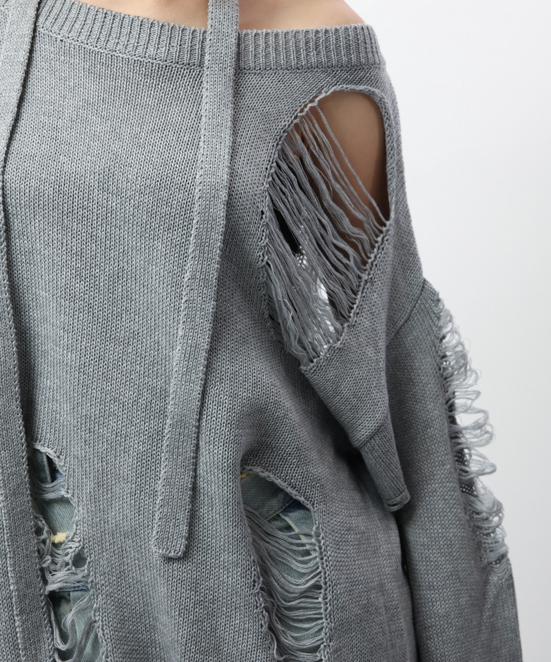 スカーフ付きダメージオーバーニット 詳細画像 グレー 17