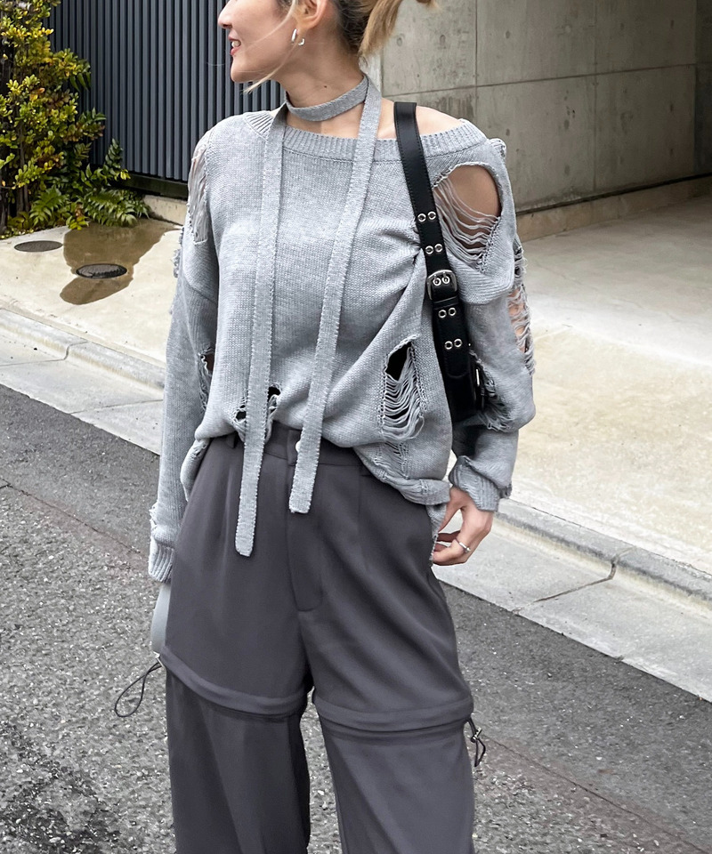 スカーフ付きダメージオーバーニット 詳細画像 グレー 4