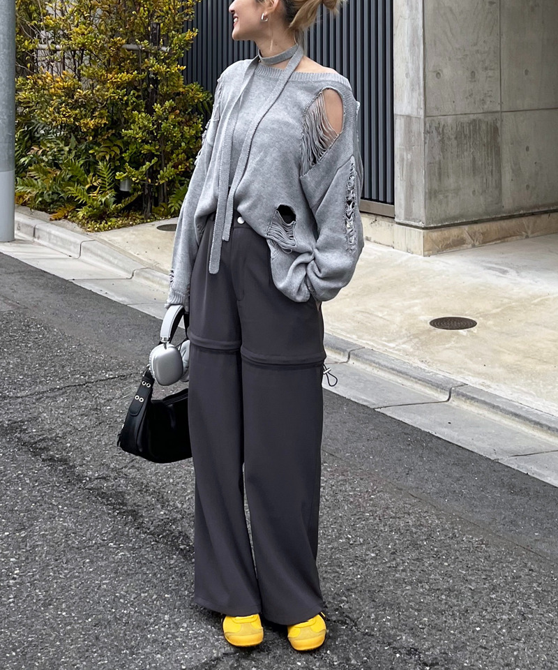 スカーフ付きダメージオーバーニット 詳細画像 グレー 5