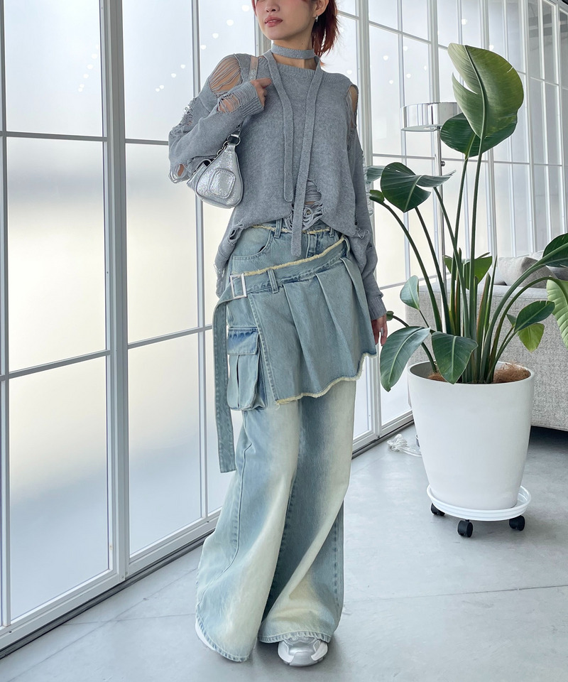 スカーフ付きダメージオーバーニット 詳細画像 グレー 8