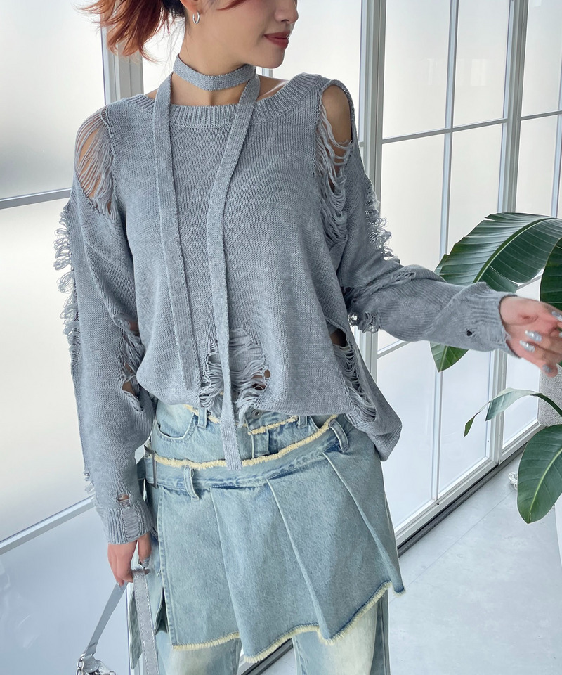 スカーフ付きダメージオーバーニット 詳細画像 グレー 9