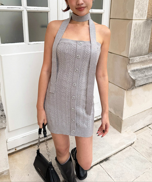 ケーブル編みリブベアワンピース 詳細画像