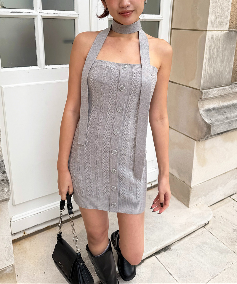 ケーブル編みリブベアワンピース 詳細画像 グレー 1