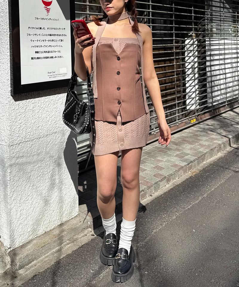 ケーブル編みリブベアワンピース×デザインビスチェ 詳細画像 ベージュ 2