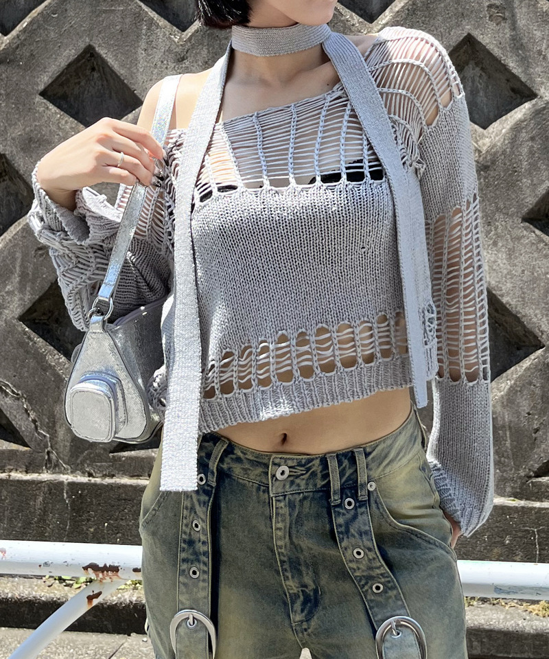 ストール付きかぎ編みショートトップス 詳細画像 グレー 3
