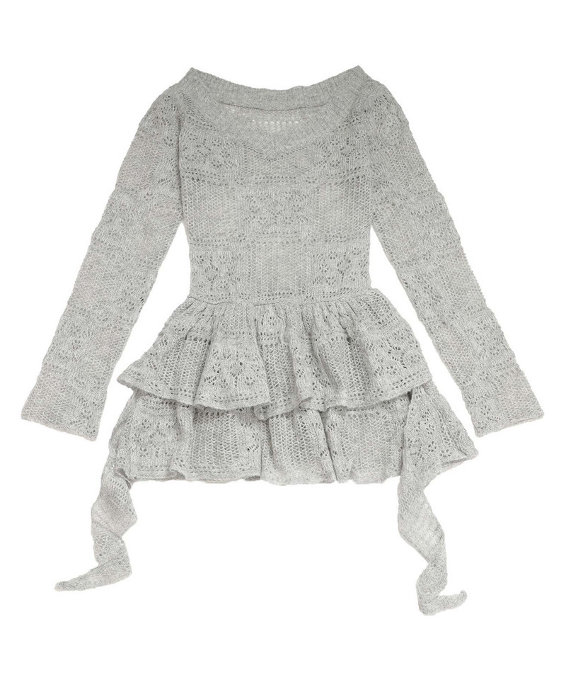 透かし編みティアードニットワンピース 詳細画像 グレー 24