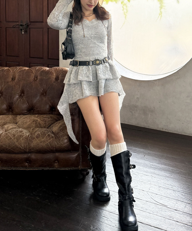 透かし編みティアードニットワンピース 詳細画像 グレー 3