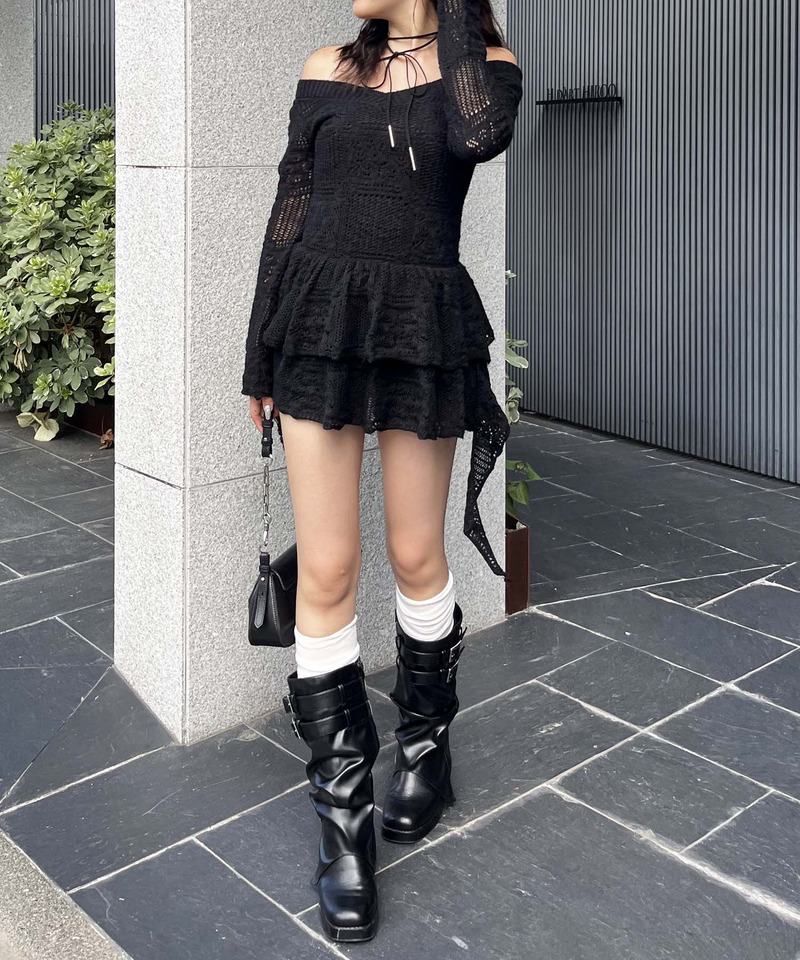 透かし編みティアードニットワンピース 詳細画像 ブラック 2