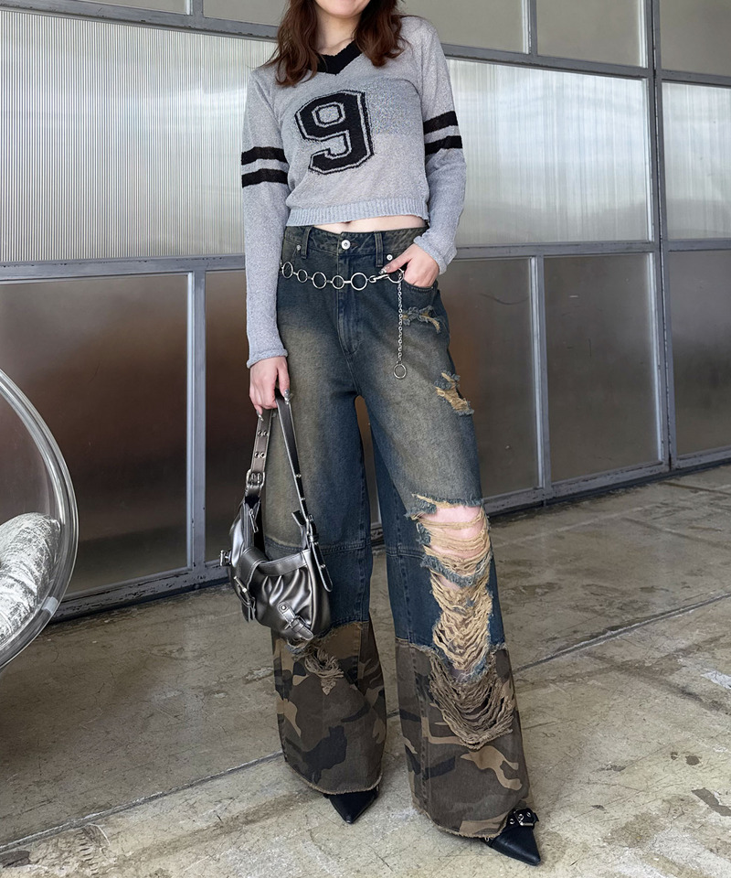 ダメージカモフラ切り替えワイドパンツ 詳細画像 デニムブルー 2