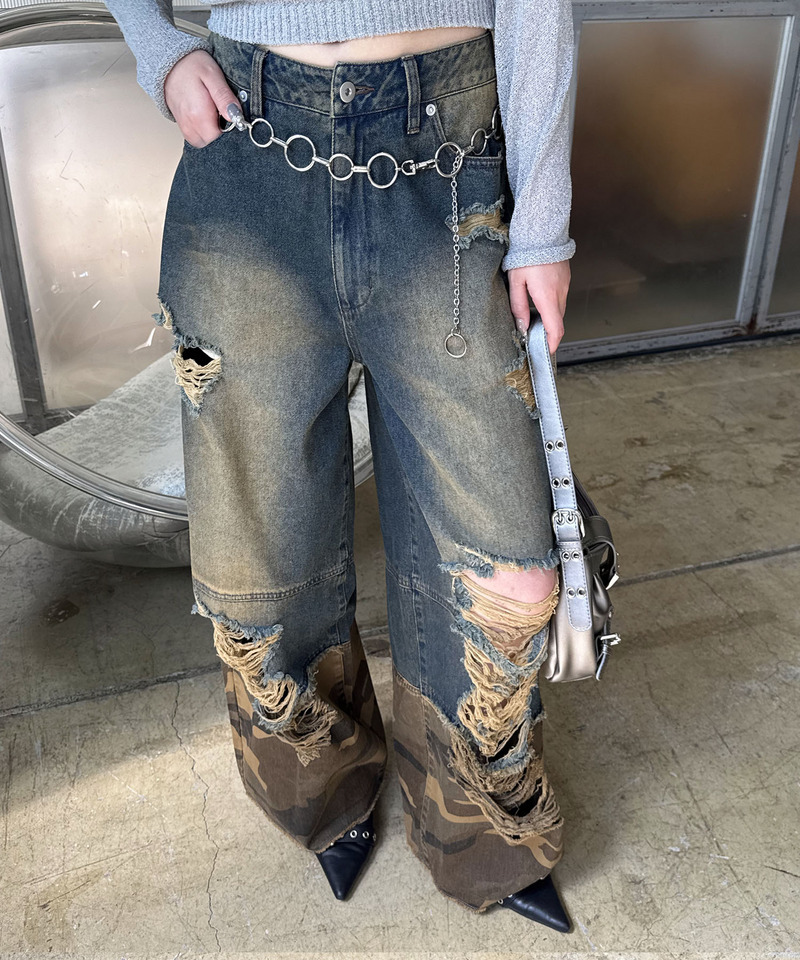 ダメージカモフラ切り替えワイドパンツ 詳細画像 デニムブルー 3