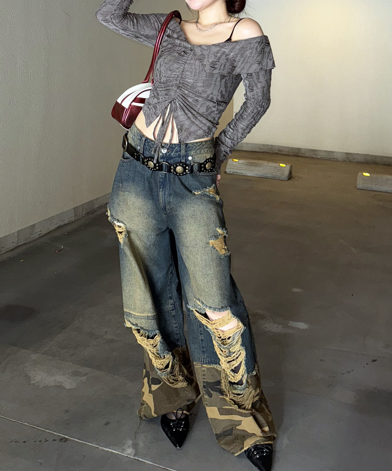 ダメージカモフラ切り替えワイドパンツ 詳細画像 デニムブルー 4