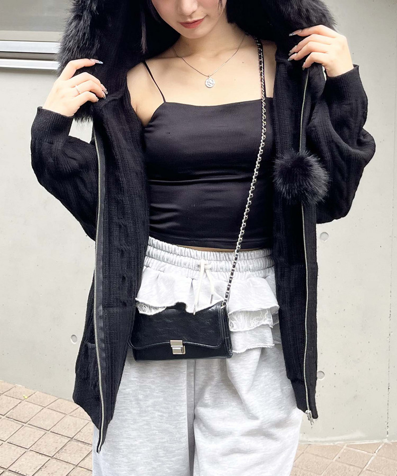 ぽんぽん付きケーブル編みZIPニットパーカーワンピース 詳細画像 ブラック 9