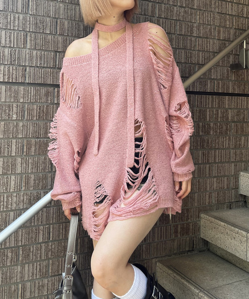 スカーフ付きダメージオーバーニット 詳細画像