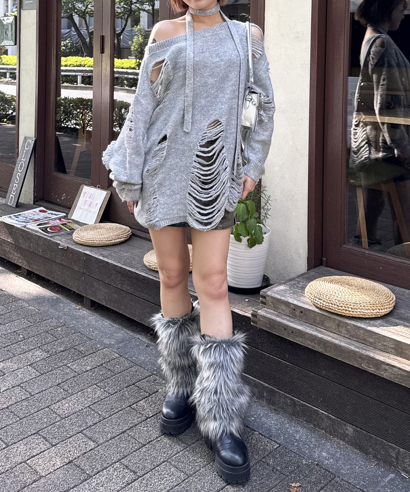 スカーフ付きダメージオーバーニット 詳細画像 グレー 2