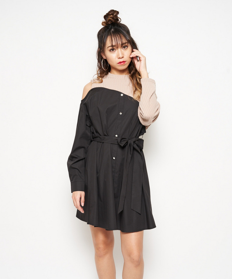 アシンメトリーヘム切替ワンピース 詳細画像 ブラック 2