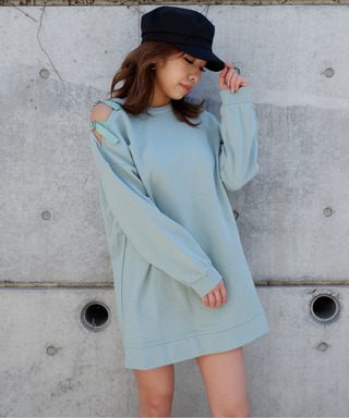 アシメショルダー裏毛ミニワンピース