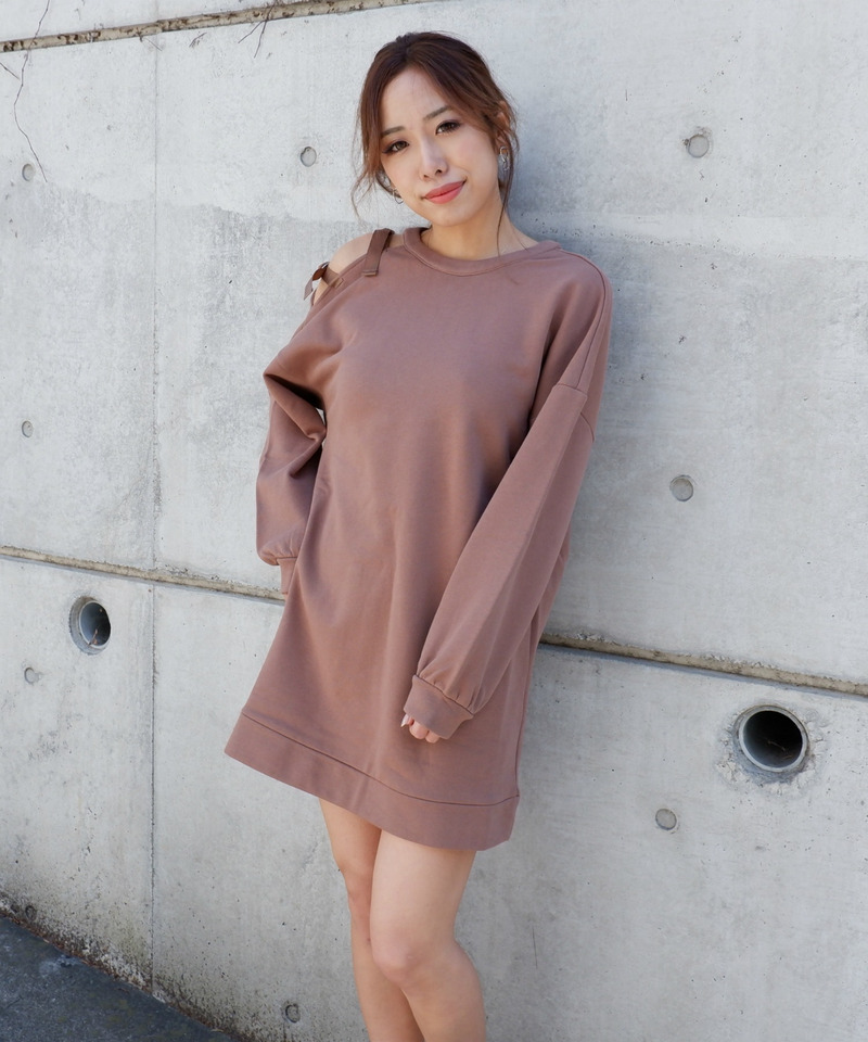 アシメショルダー裏毛ミニワンピース 詳細画像 ベージュ 1