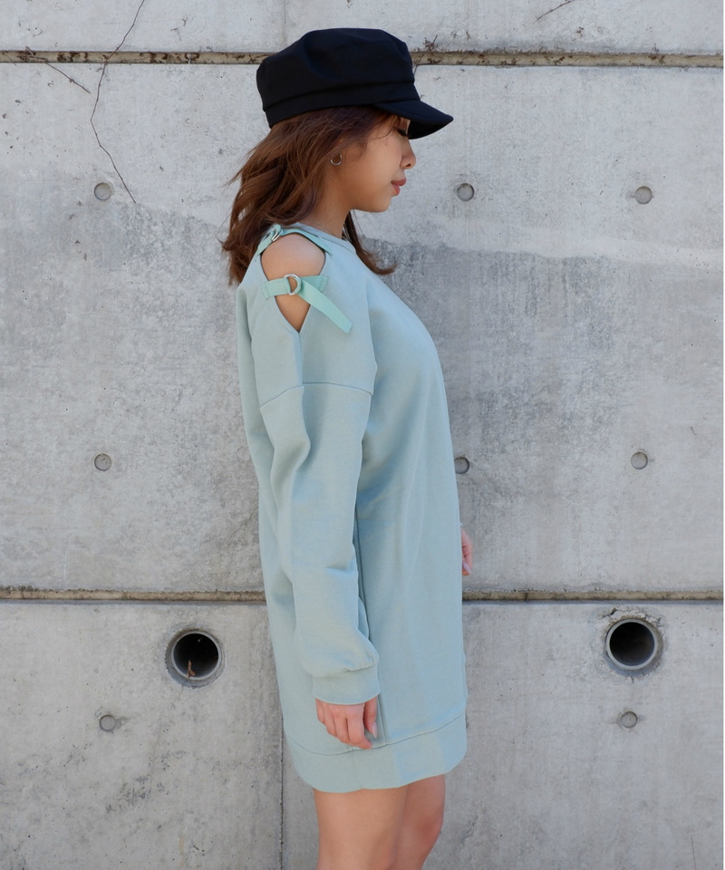 アシメショルダー裏毛ミニワンピース 詳細画像 グリーン 2