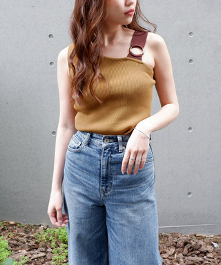 アシンメトリーノースリーブニットトップス