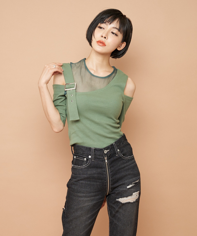 アシンメトリーシースルートップス 詳細画像 グリーン 2