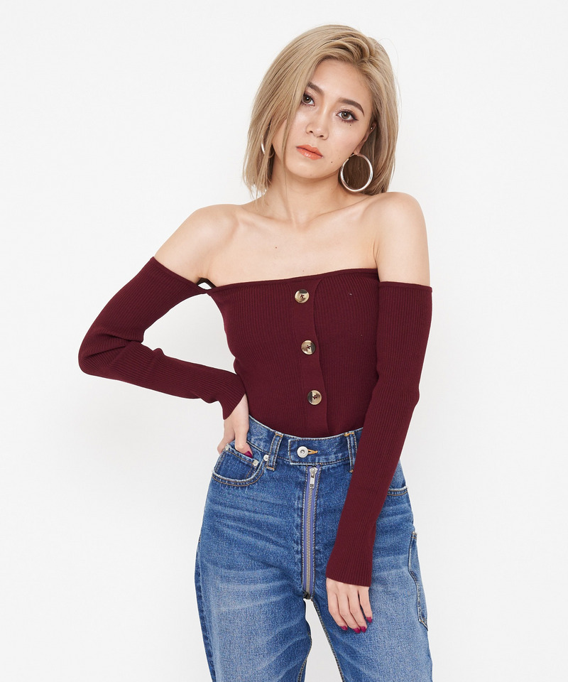 オフショルダーリブニットトップス 詳細画像 ボルドー 1