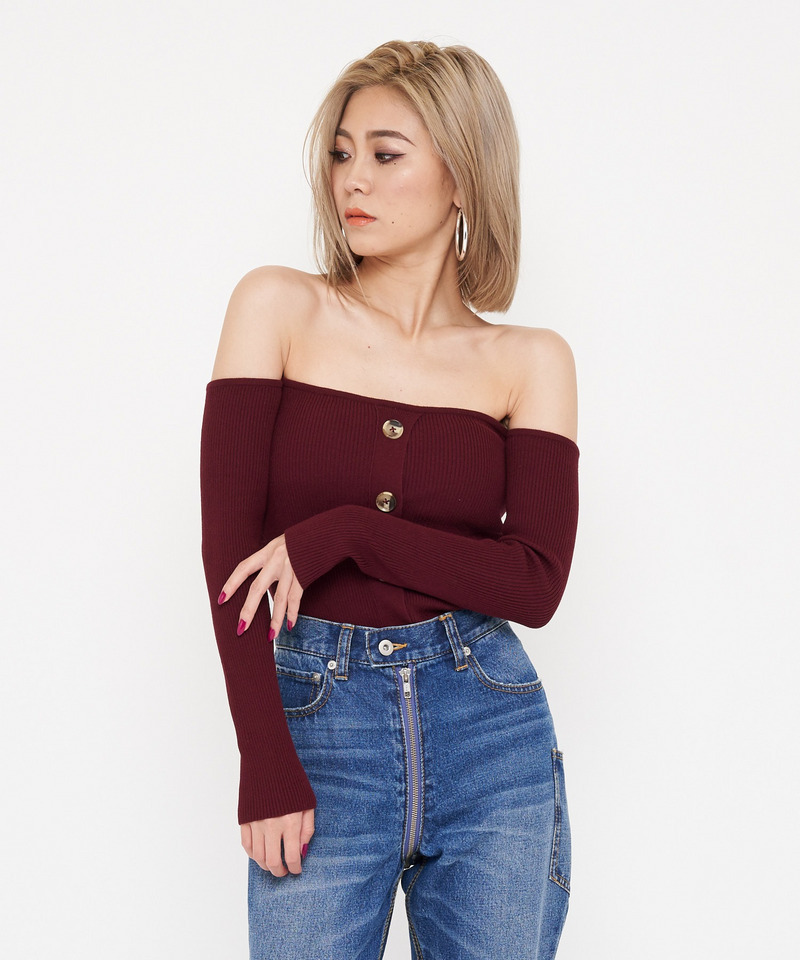 オフショルダーリブニットトップス 詳細画像 ボルドー 2